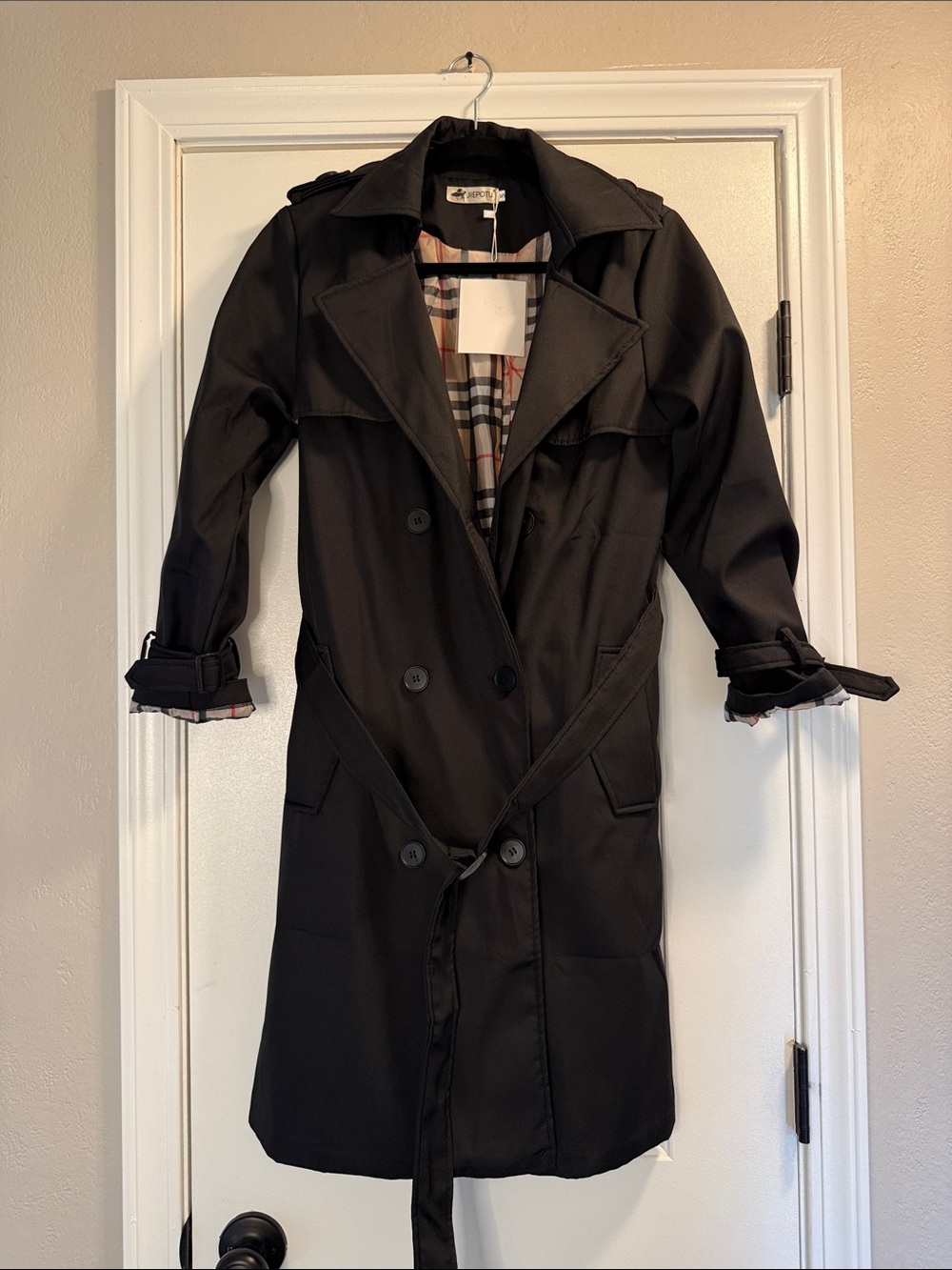 Black Trench Coat with Check Lining - Classic Double-Breasted